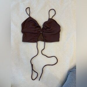 Superdown Brown Ribbed Drawstring Crop Top